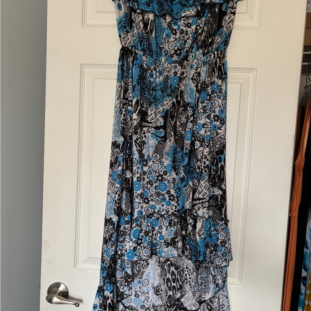 Strapless Blue and Black Patterned Women's Dress